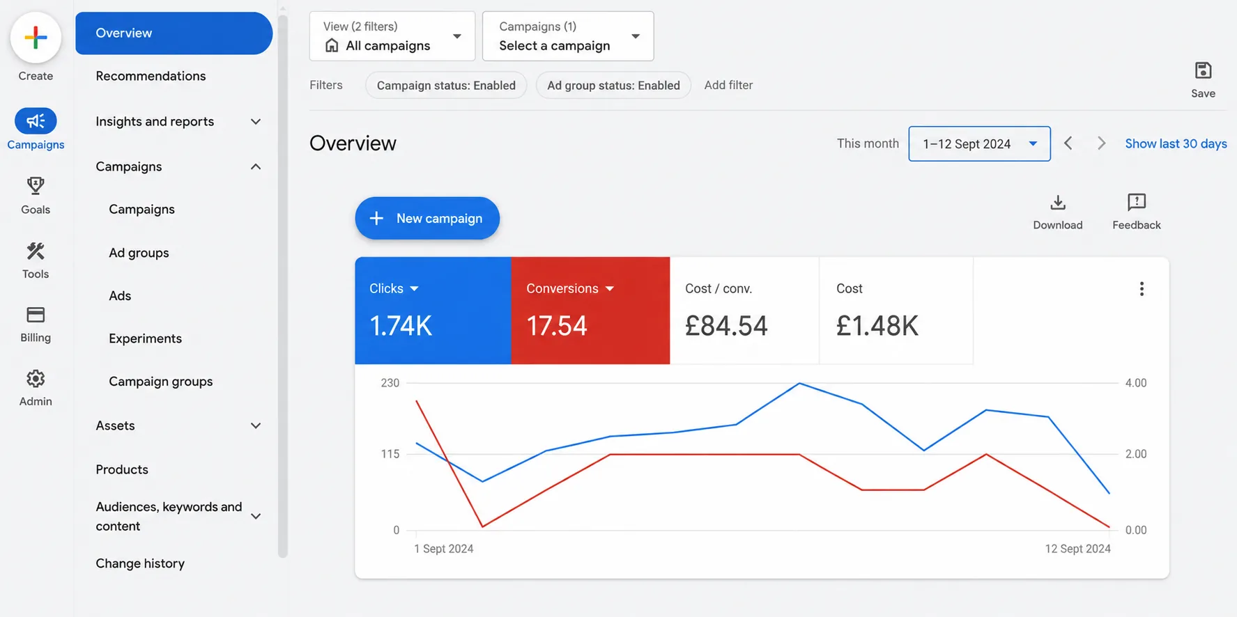 Google Ads overview: 1.74K clicks and 17.5 conversions from a single campaign over 12 days