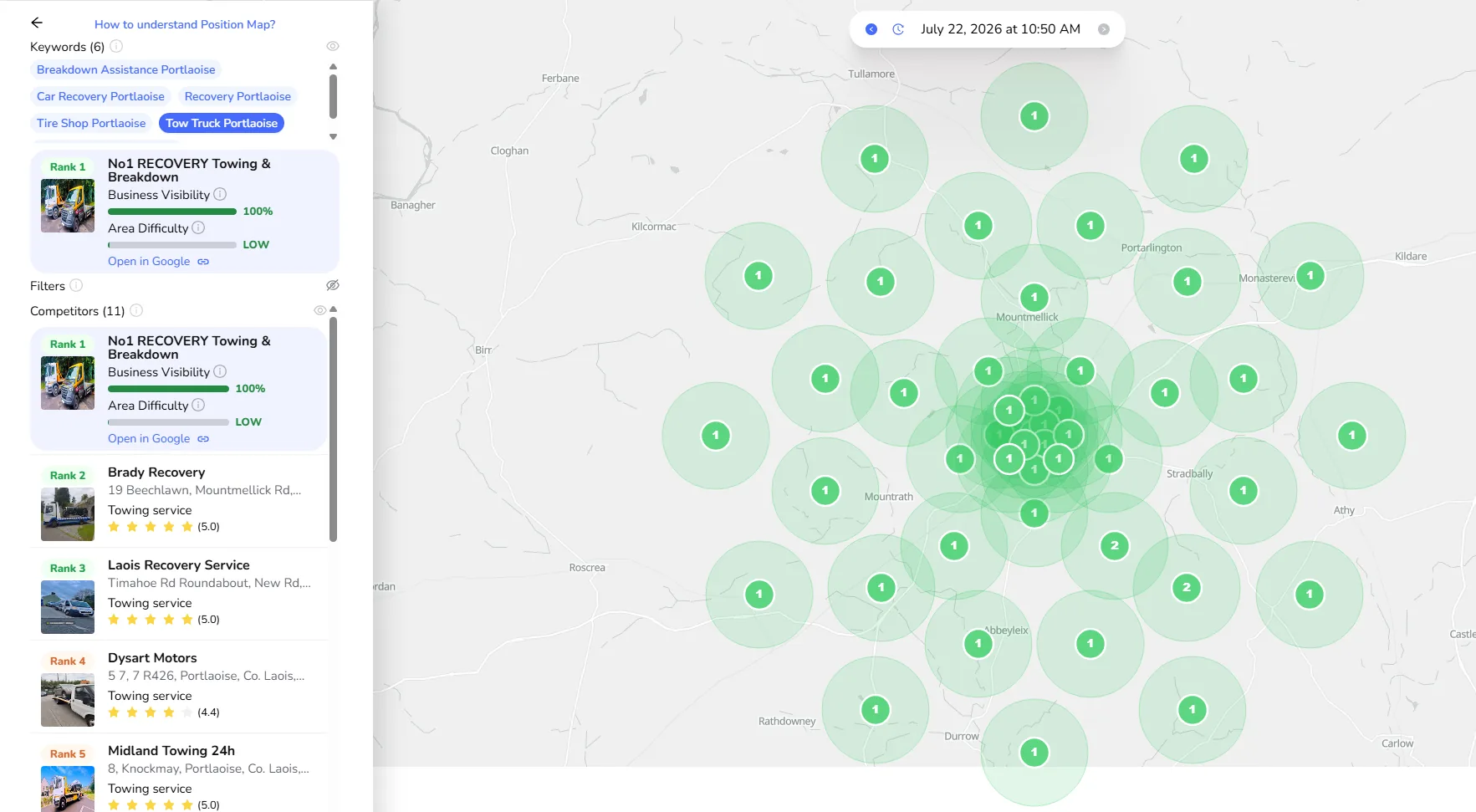 Local ranking map: ranked #1 for Tow Truck Portlaoise with 100% business visibility