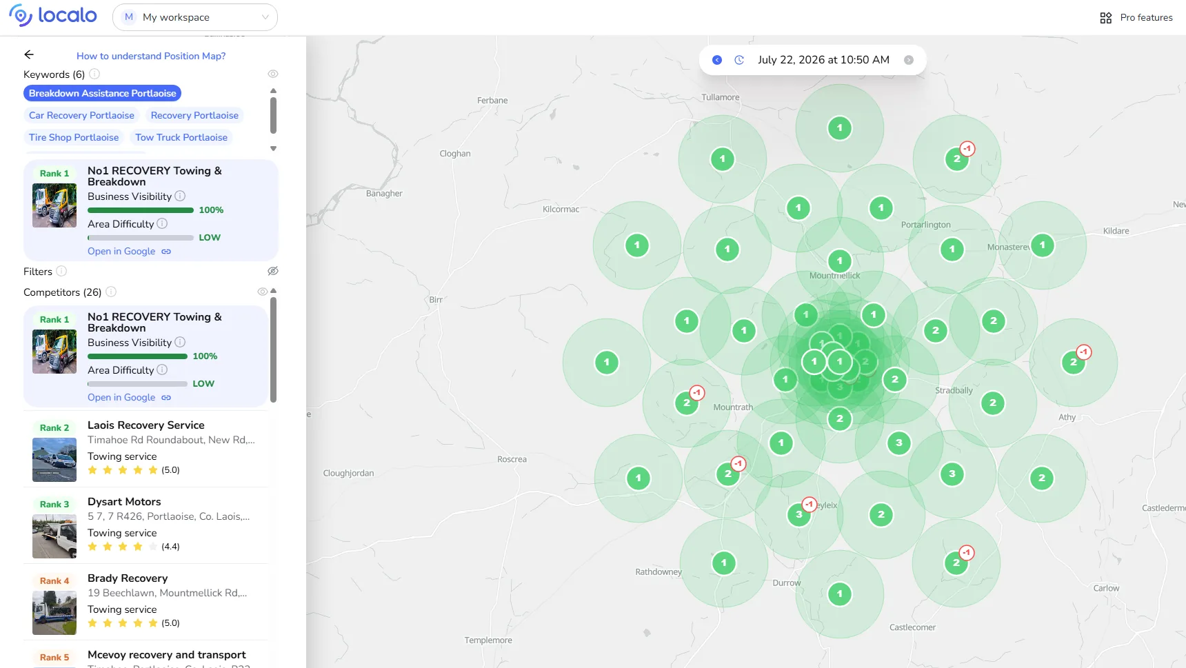 Local ranking map: Rank 1 for Breakdown Assistance Portlaoise, ahead of 26 competitors