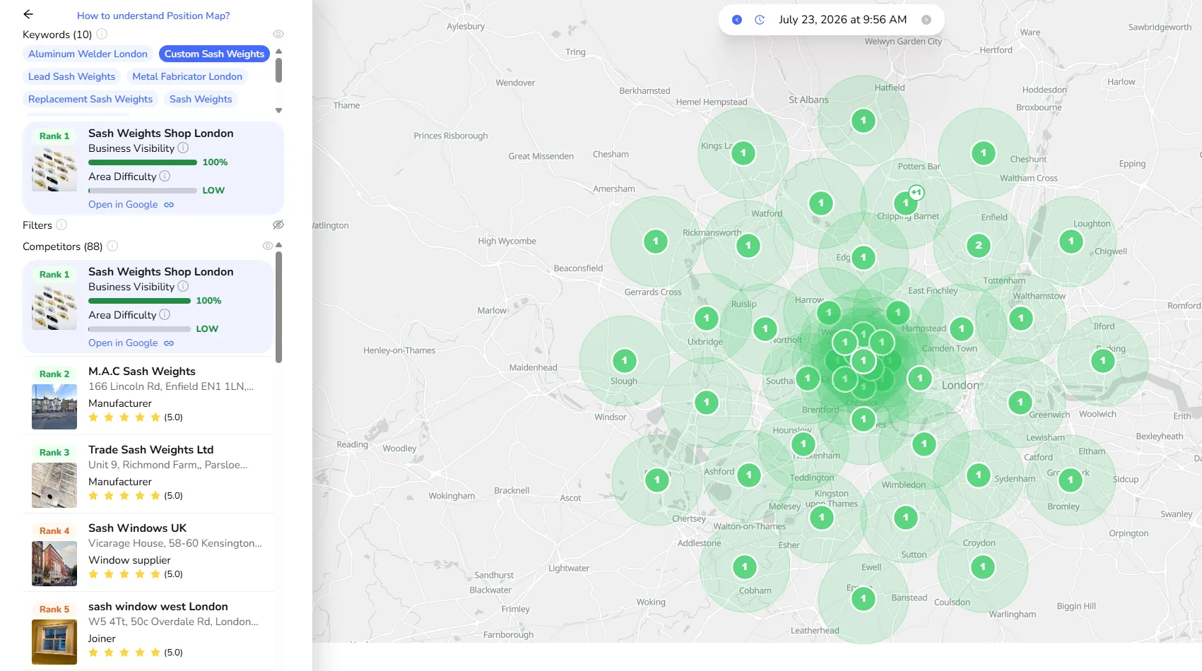 Local ranking map: ranked #1 for Custom Sash Weights across Greater London