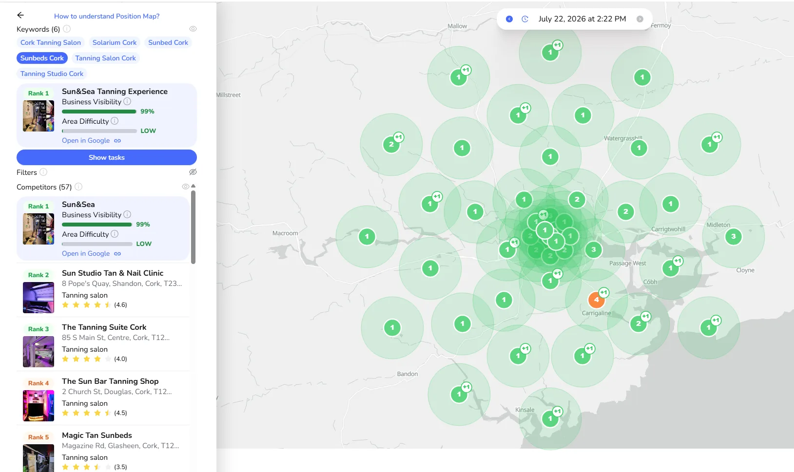 Local ranking map: ranked #1 for Sunbeds Cork with 99% business visibility