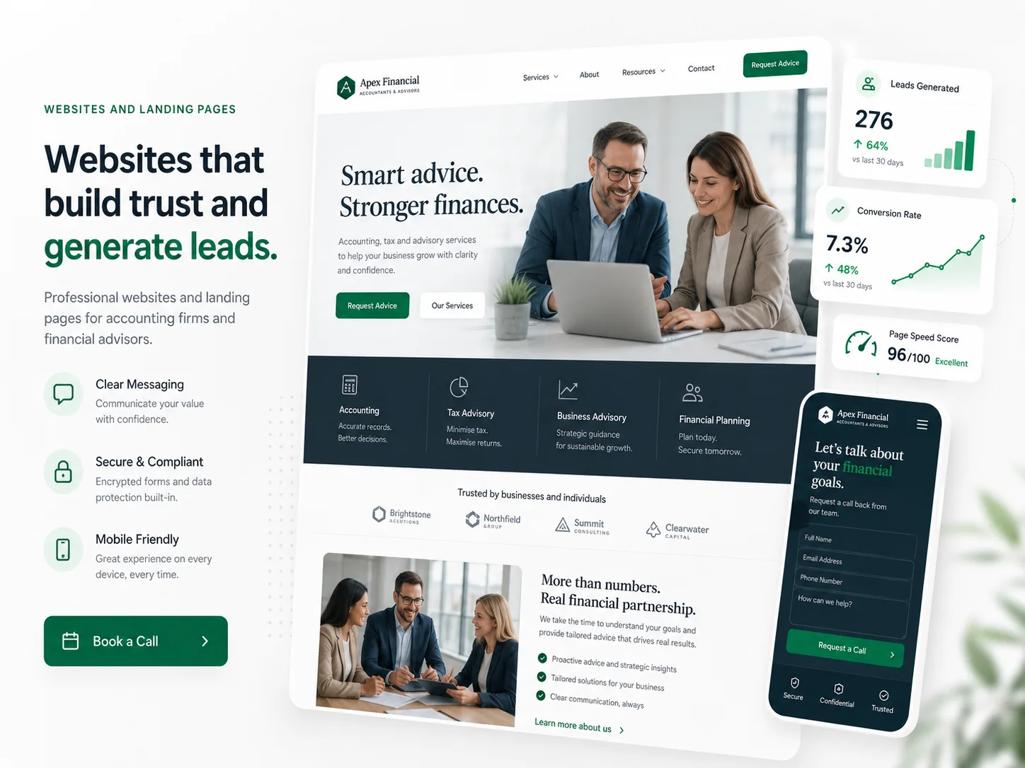 Example accountancy and financial advisor website with lead generation and conversion figures on desktop and mobile